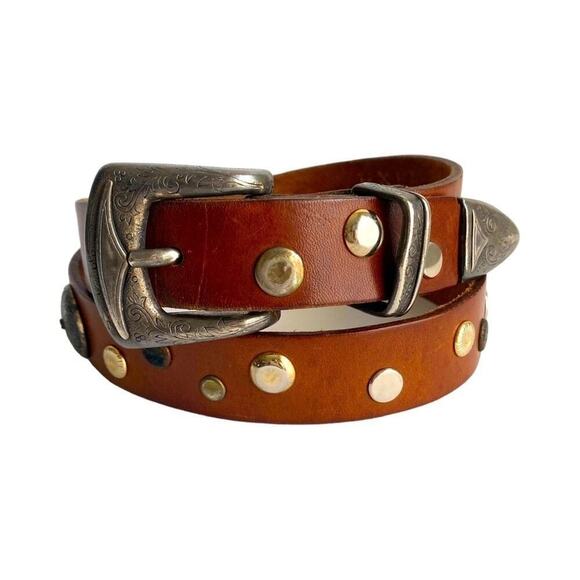 Vintage Accessories - Vintage Western Studded Belt Brown Leather Star Coastal Cowgirl Womens Small
